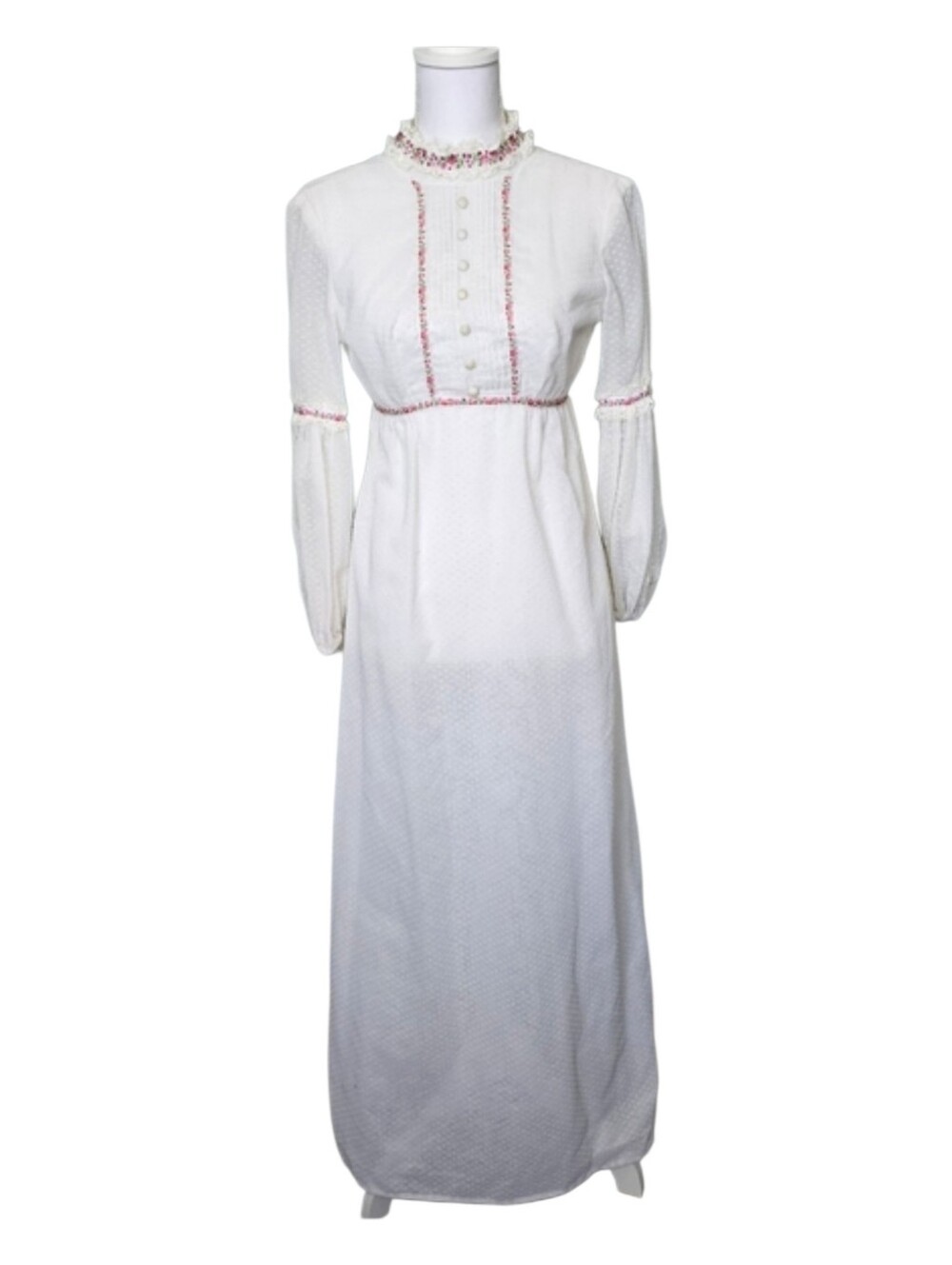 Kelly Arden 70's White Pink Victorian Ruffle Empire Waist Gown Maxi Dress XS